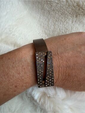 Bronze Leather Champagne Crystal Double Bar Cuff Bracelet